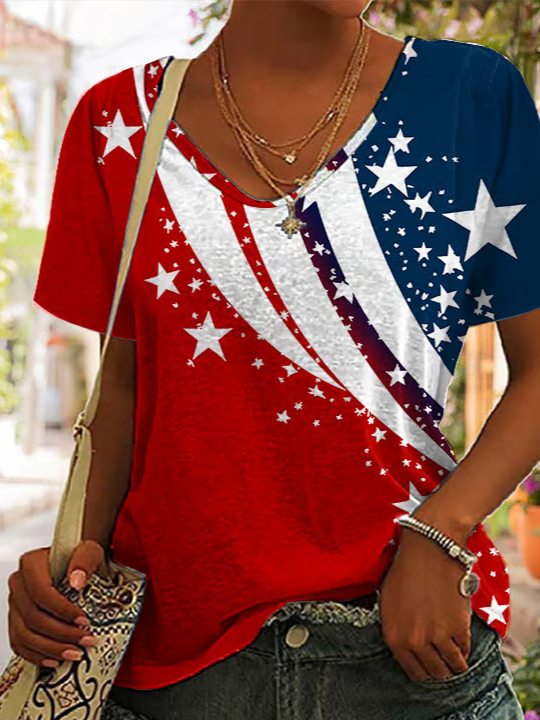 Damen Tag der Unabhängigkeit (Flagge) Kurzarm T-Shirts T-Shirt V-Ausschnitt Print Lässig Sommer T-Shirt mit Grafik Oberteile