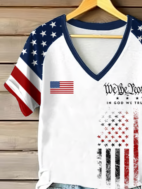 Damen Tag der Unabhängigkeit (Flagge) Kurzarm T-Shirts T-Shirt V-Ausschnitt Print Lässig Sommer T-Shirt mit Grafik Oberteile