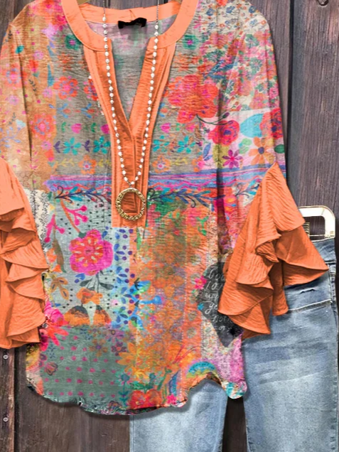 Damen Geblümt Halbarm Bluse Sommer Print V-Ausschnitt Täglich Lässig Oberteile