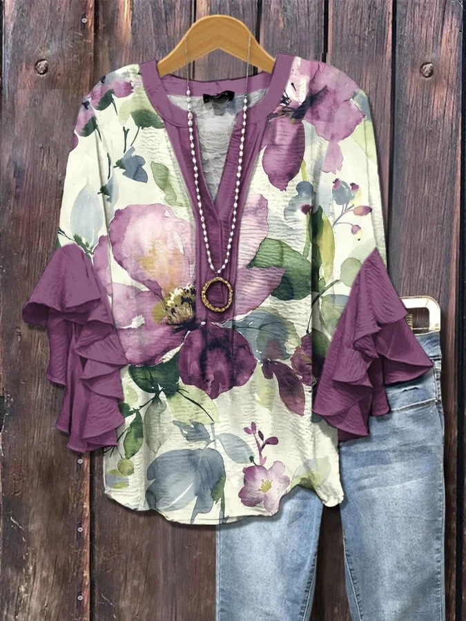 Damen Geblümt Halbarm Bluse Sommer Print V-Ausschnitt Täglich Lässig Oberteile