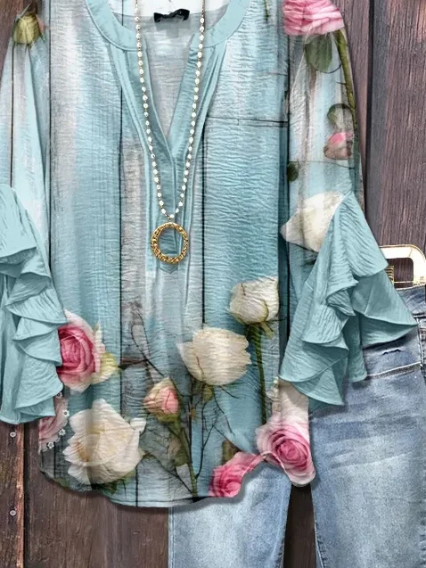 Damen Geblümt Halbarm Bluse Sommer Print V-Ausschnitt Täglich Lässig Oberteile