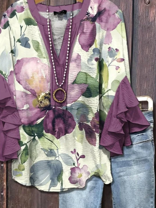 Damen Geblümt Halbarm Bluse Sommer Print V-Ausschnitt Täglich Lässig Oberteile