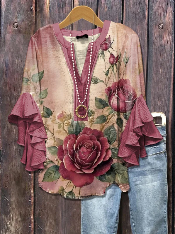 Damen Geblümt Halbarm Bluse Sommer Print V-Ausschnitt Täglich Lässig Oberteile