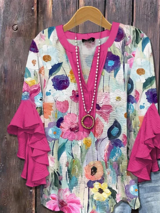 Damen Geblümt Halbarm Bluse Sommer Print V-Ausschnitt Täglich Lässig Oberteile