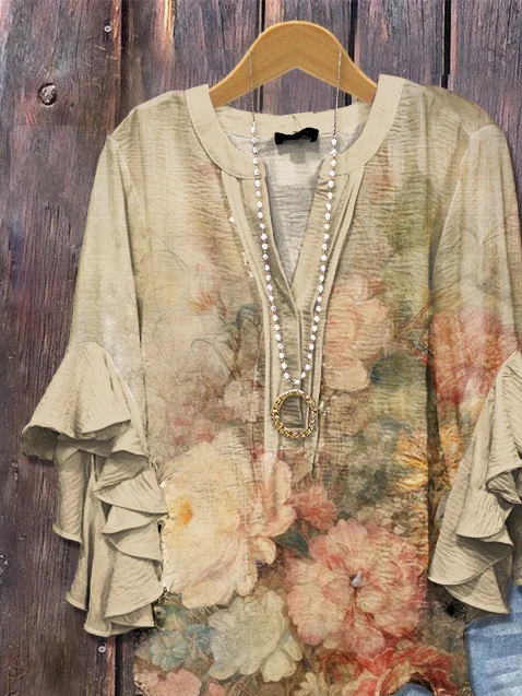 Damen Geblümt Halbarm Bluse Sommer Print V-Ausschnitt Täglich Lässig Oberteile
