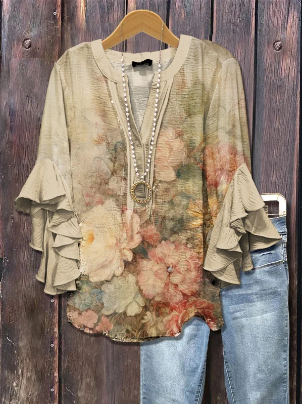 Damen Geblümt Halbarm Bluse Sommer Print V-Ausschnitt Täglich Lässig Oberteile