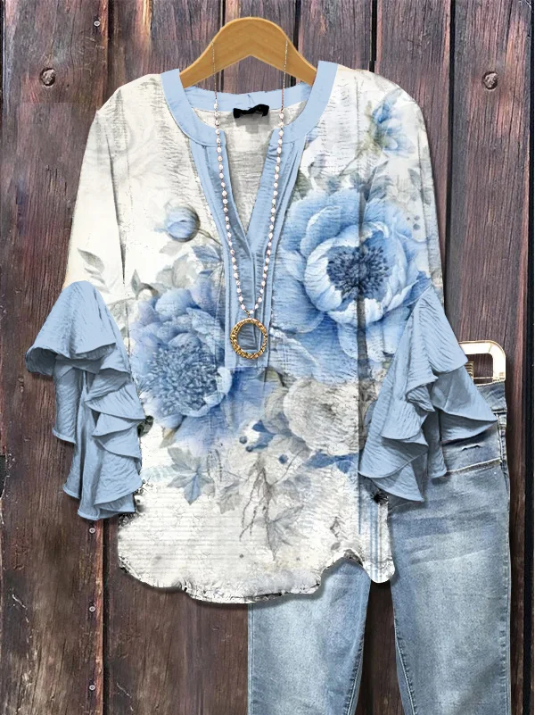 Damen Geblümt Halbarm Bluse Sommer Print V-Ausschnitt Täglich Lässig Oberteile