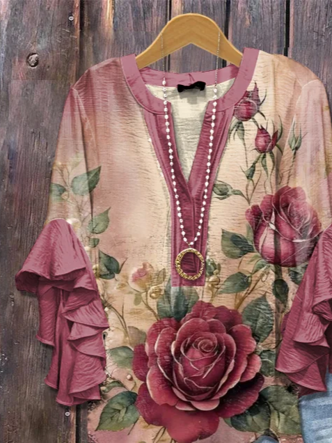 Damen Geblümt Halbarm Bluse Sommer Print V-Ausschnitt Täglich Lässig Oberteile
