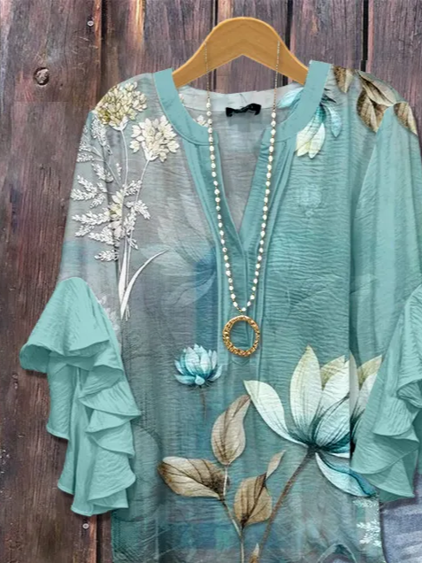 Damen Geblümt Halbarm Bluse Sommer Print V-Ausschnitt Täglich Lässig Oberteile