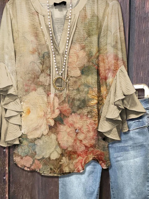 Damen Geblümt Halbarm Bluse Sommer Print V-Ausschnitt Täglich Lässig Oberteile