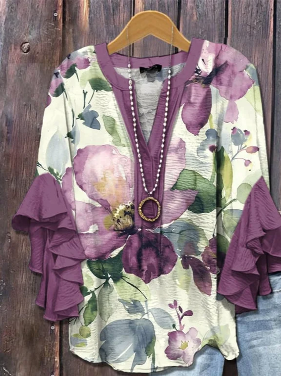 Damen Geblümt Halbarm Bluse Sommer Print V-Ausschnitt Täglich Lässig Oberteile