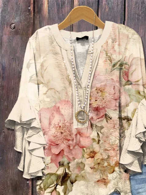 Damen Geblümt Halbarm Bluse Sommer Print V-Ausschnitt Täglich Lässig Oberteile
