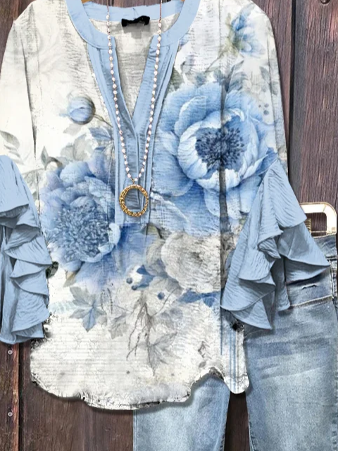 Damen Geblümt Halbarm Bluse Sommer Print V-Ausschnitt Täglich Lässig Oberteile