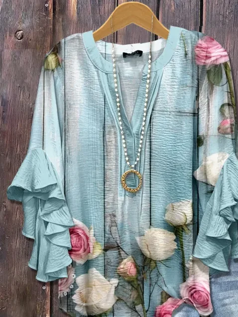 Damen Geblümt Halbarm Bluse Sommer Print V-Ausschnitt Täglich Lässig Oberteile
