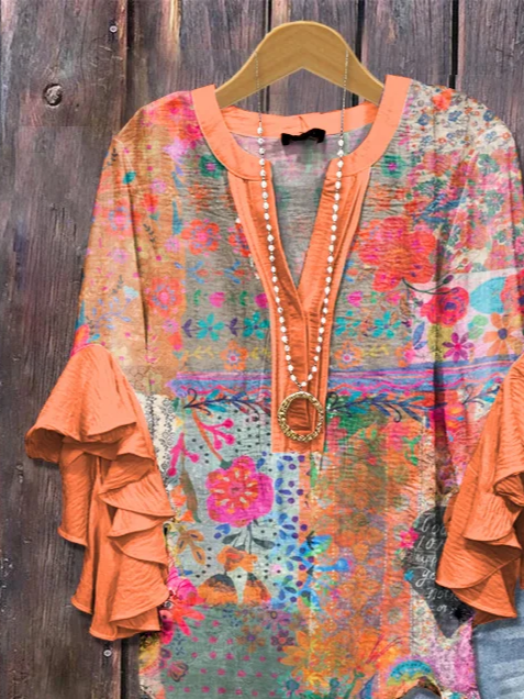 Damen Geblümt Halbarm Bluse Sommer Print V-Ausschnitt Täglich Lässig Oberteile