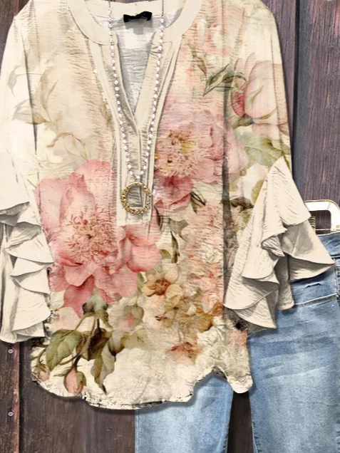Damen Geblümt Halbarm Bluse Sommer Print V-Ausschnitt Täglich Lässig Oberteile