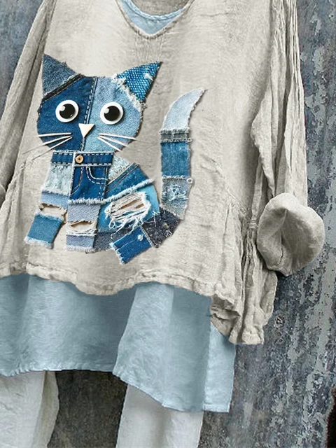 Damen Katze Langarm Bluse Frühling/Herbst Print V-Ausschnitt Täglich Lässig Oberteile