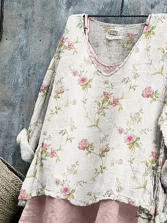 Damen Geblümt Langarm Bluse Frühling/Herbst Print V-Ausschnitt Täglich Lässig Oberteile