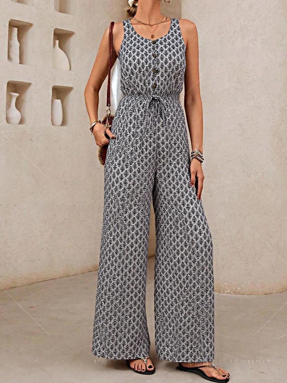 Damen Geometrisch V-Ausschnitt Ärmellos Lässig Sommer Jumpsuit