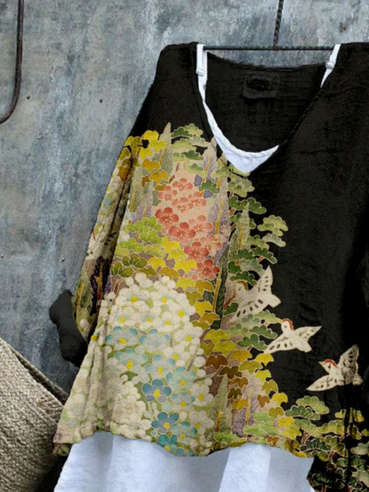 Damen Geblümt Langarm Bluse Frühling/Herbst Print V-Ausschnitt Täglich Lässig Oberteile