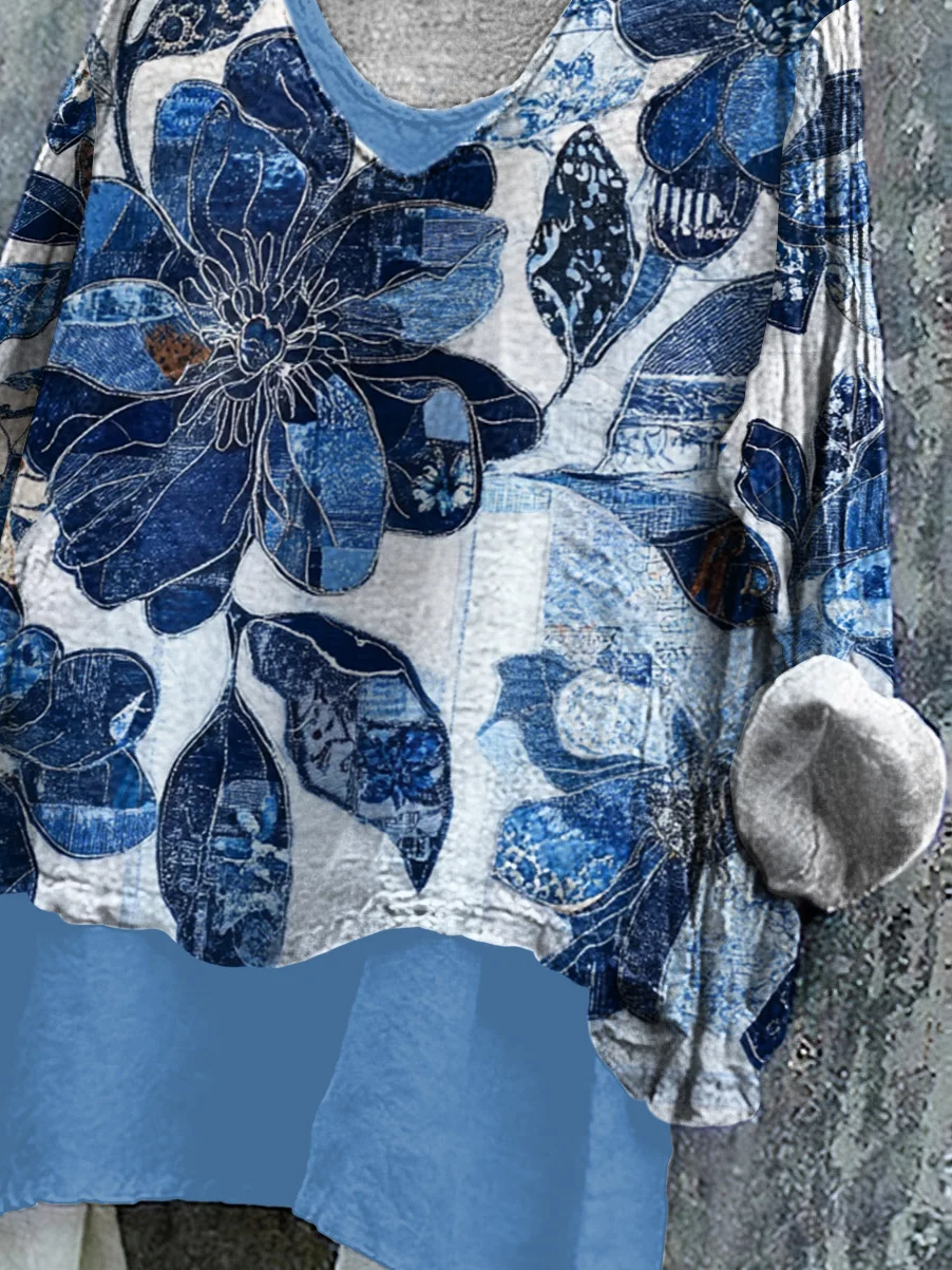 Damen Geblümt Langarm Bluse Frühling/Herbst Print V-Ausschnitt Täglich Lässig Oberteile