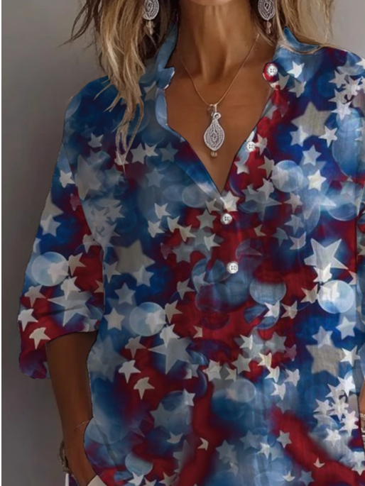 Damen Tag der Unabhängigkeit (Flagge) Langarm Bluse Frühling/Herbst Print Hemdkragen Täglich Lässig Oberteile