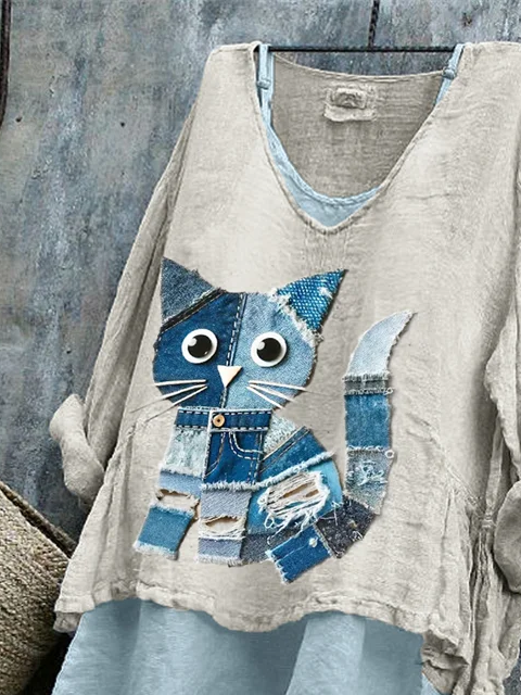 Damen Katze Langarm Bluse Frühling/Herbst Print V-Ausschnitt Täglich Lässig Oberteile