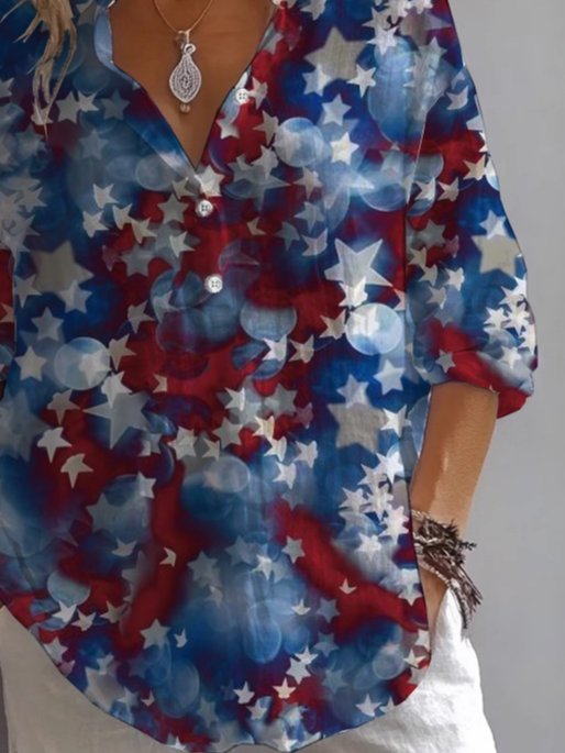 Damen Tag der Unabhängigkeit (Flagge) Langarm Bluse Frühling/Herbst Print Hemdkragen Täglich Lässig Oberteile