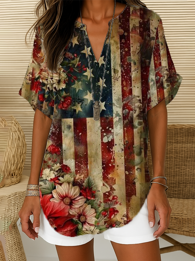 Damen Geblümt Kurzarm Bluse Sommer Print V-Ausschnitt Täglich Lässig Oberteile