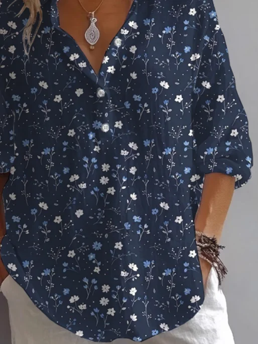 Damen Geblümt Langarm Bluse Frühling/Herbst Print Hemdkragen Täglich Lässig Oberteile