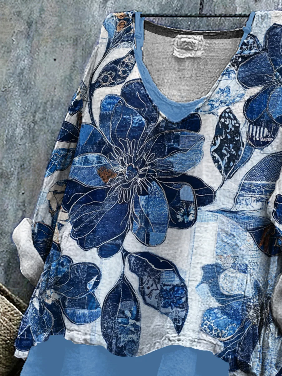 Damen Geblümt Langarm Bluse Frühling/Herbst Print V-Ausschnitt Täglich Lässig Oberteile