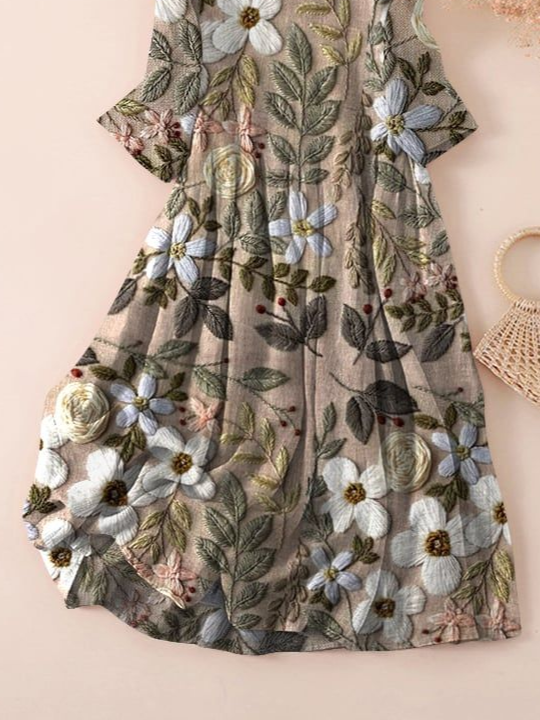 Damen Geblümt Dreiviertelärmel Frühling/Herbst Print Kleid Rundhals Täglich Lässig Maxikleid Klassisch H-Linie Kleid