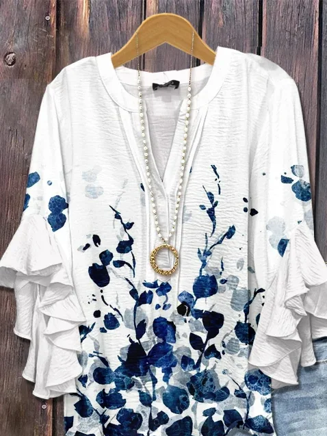 Damen Geblümt Halbarm Bluse Sommer Print V-Ausschnitt Täglich Lässig Oberteile