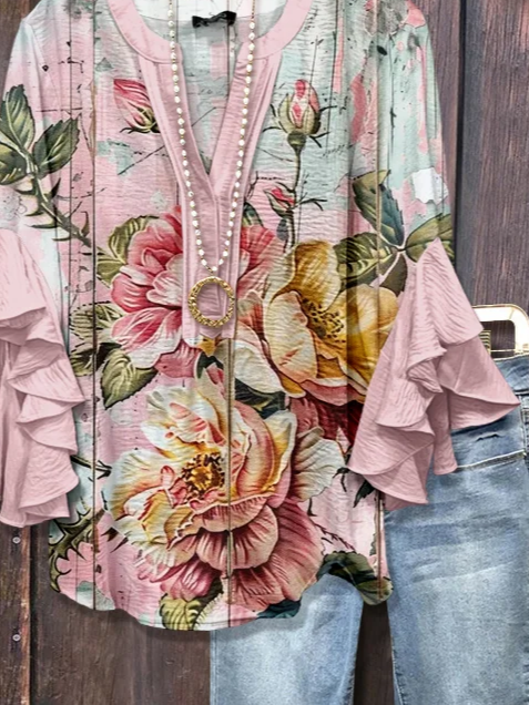 Damen Geblümt Halbarm Bluse Sommer Print V-Ausschnitt Täglich Lässig Oberteile