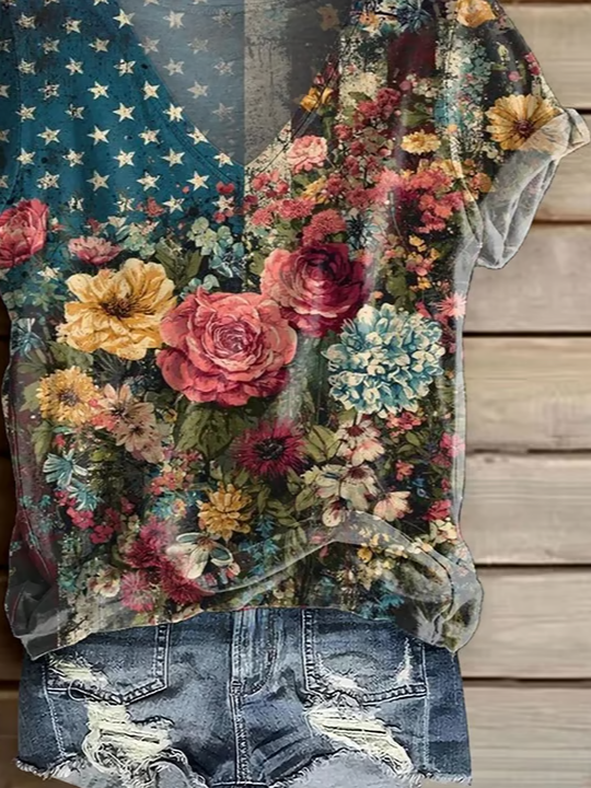 Damen Geblümt Kurzarm T-Shirts T-Shirt V-Ausschnitt Print Lässig Sommer T-Shirt mit Grafik Oberteile