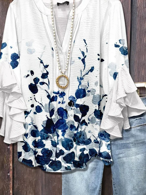 Damen Geblümt Halbarm Bluse Sommer Print V-Ausschnitt Täglich Lässig Oberteile