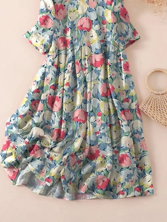 Damen Geblümt Dreiviertelärmel Frühling/Herbst Print Kleid Rundhals Täglich Lässig Maxikleid Klassisch H-Linie Kleid