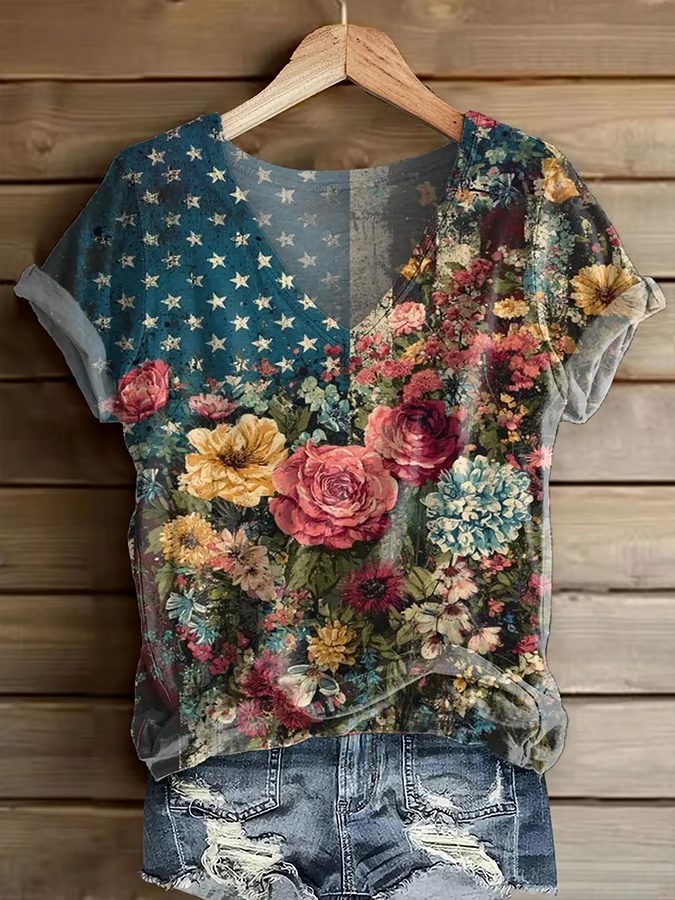 Damen Geblümt Kurzarm T-Shirts T-Shirt V-Ausschnitt Print Lässig Sommer T-Shirt mit Grafik Oberteile