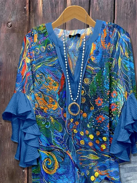 Damen Geblümt Halbarm Bluse Sommer Print V-Ausschnitt Täglich Lässig Oberteile