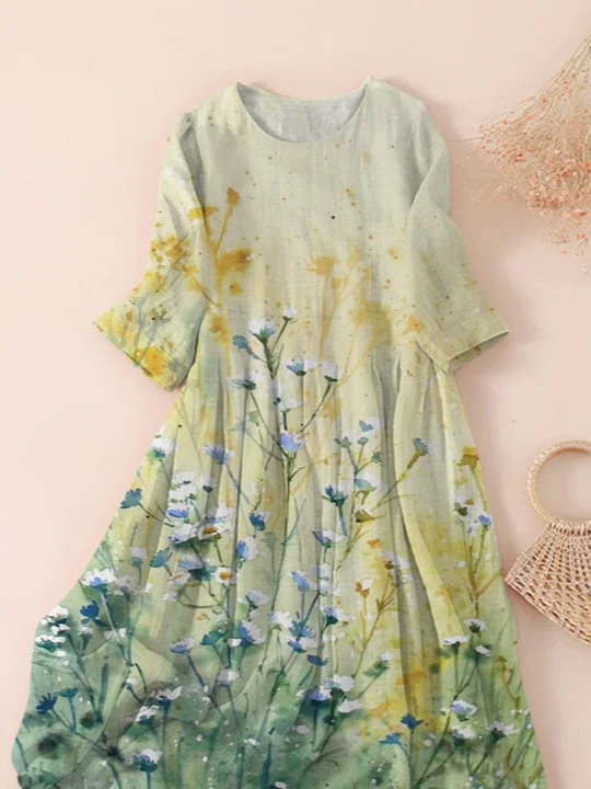 Damen Geblümt Dreiviertelärmel Frühling/Herbst Print Kleid Rundhals Täglich Lässig Maxikleid Klassisch H-Linie Kleid