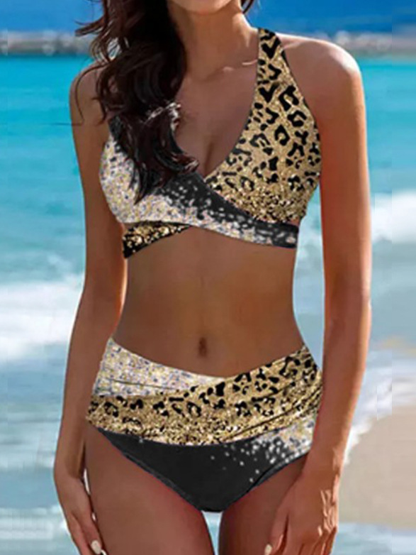 Böhmisch Glitzernd Farbblock Sexy Damen Badeanzug Kreuz Leopard Paillette Farbverlauf Bikini