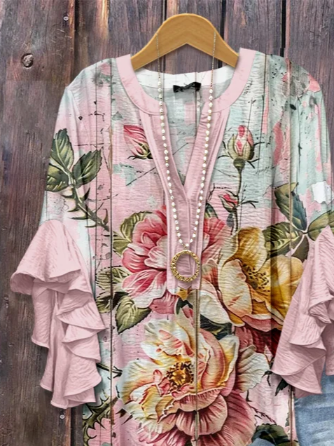 Damen Geblümt Halbarm Bluse Sommer Print V-Ausschnitt Täglich Lässig Oberteile