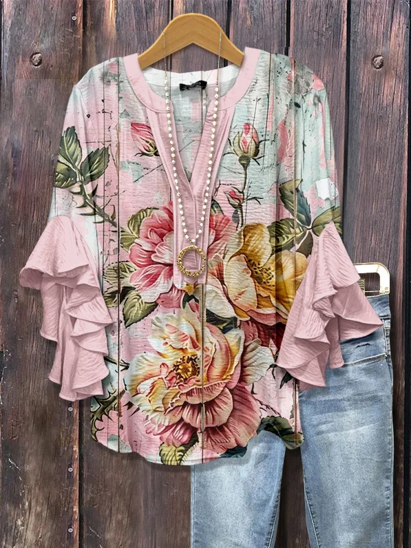Damen Geblümt Halbarm Bluse Sommer Print V-Ausschnitt Täglich Lässig Oberteile