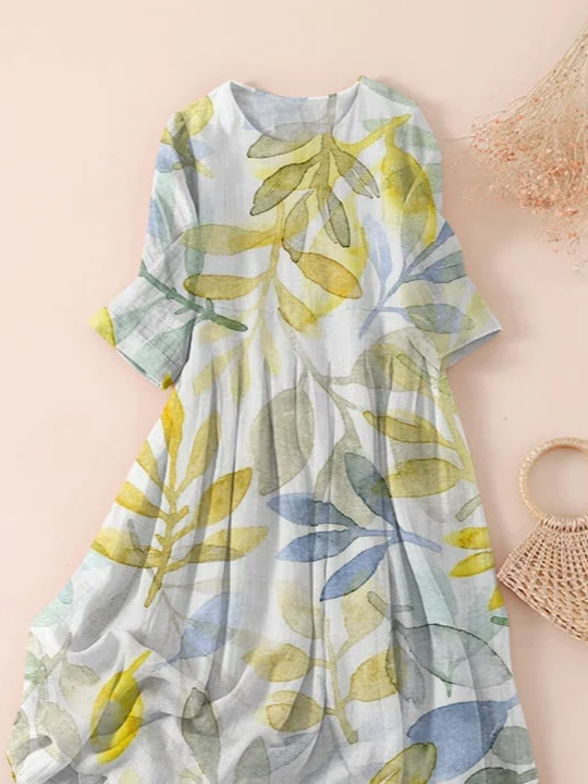 Damen Geblümt Dreiviertelärmel Frühling/Herbst Print Kleid Rundhals Täglich Lässig Maxikleid Klassisch H-Linie Kleid