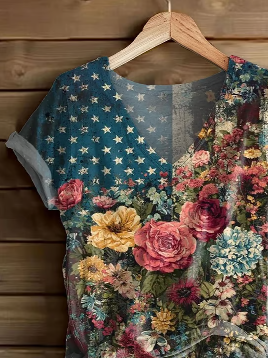 Damen Geblümt Kurzarm T-Shirts T-Shirt V-Ausschnitt Print Lässig Sommer T-Shirt mit Grafik Oberteile