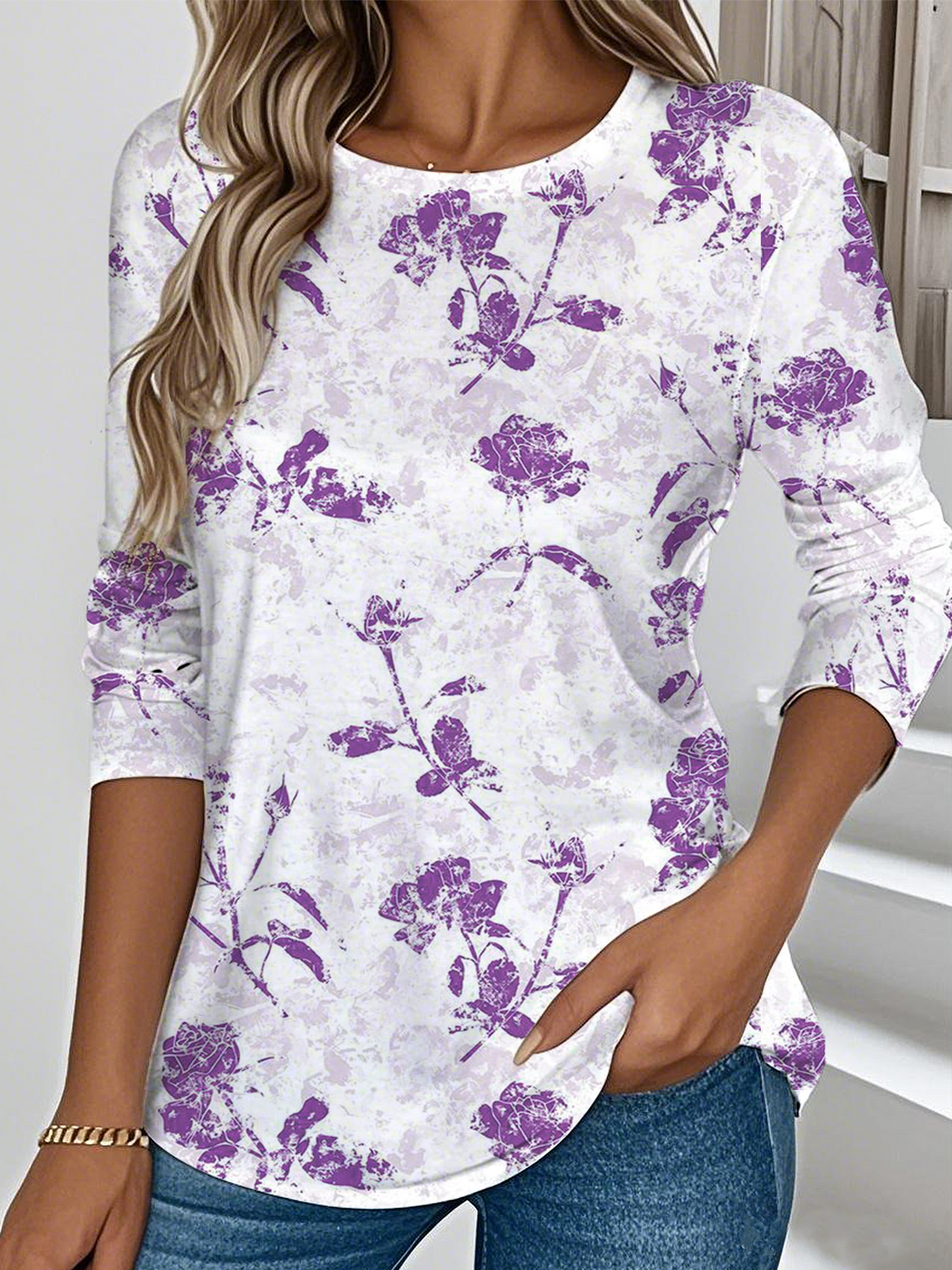 Damen Geblümt Langarm T-Shirts T-Shirt Rundhals Lässig Frühling/Herbst Oberteile