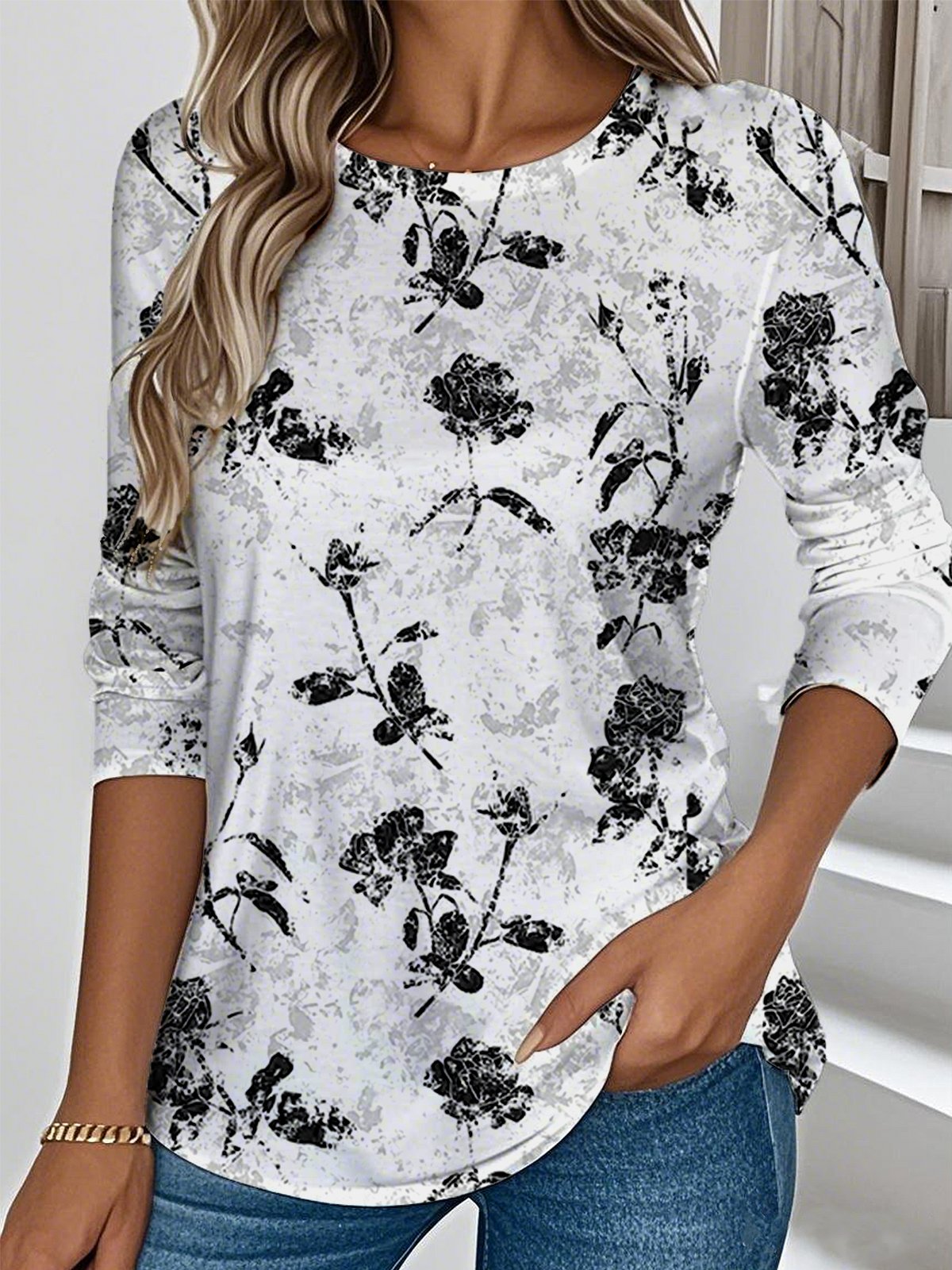 Damen Geblümt Langarm T-Shirts T-Shirt Rundhals Lässig Frühling/Herbst Oberteile