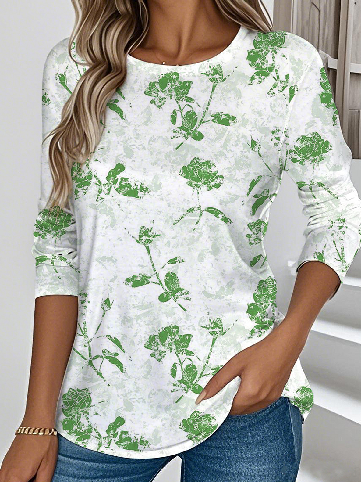 Damen Geblümt Langarm T-Shirts T-Shirt Rundhals Lässig Frühling/Herbst Oberteile