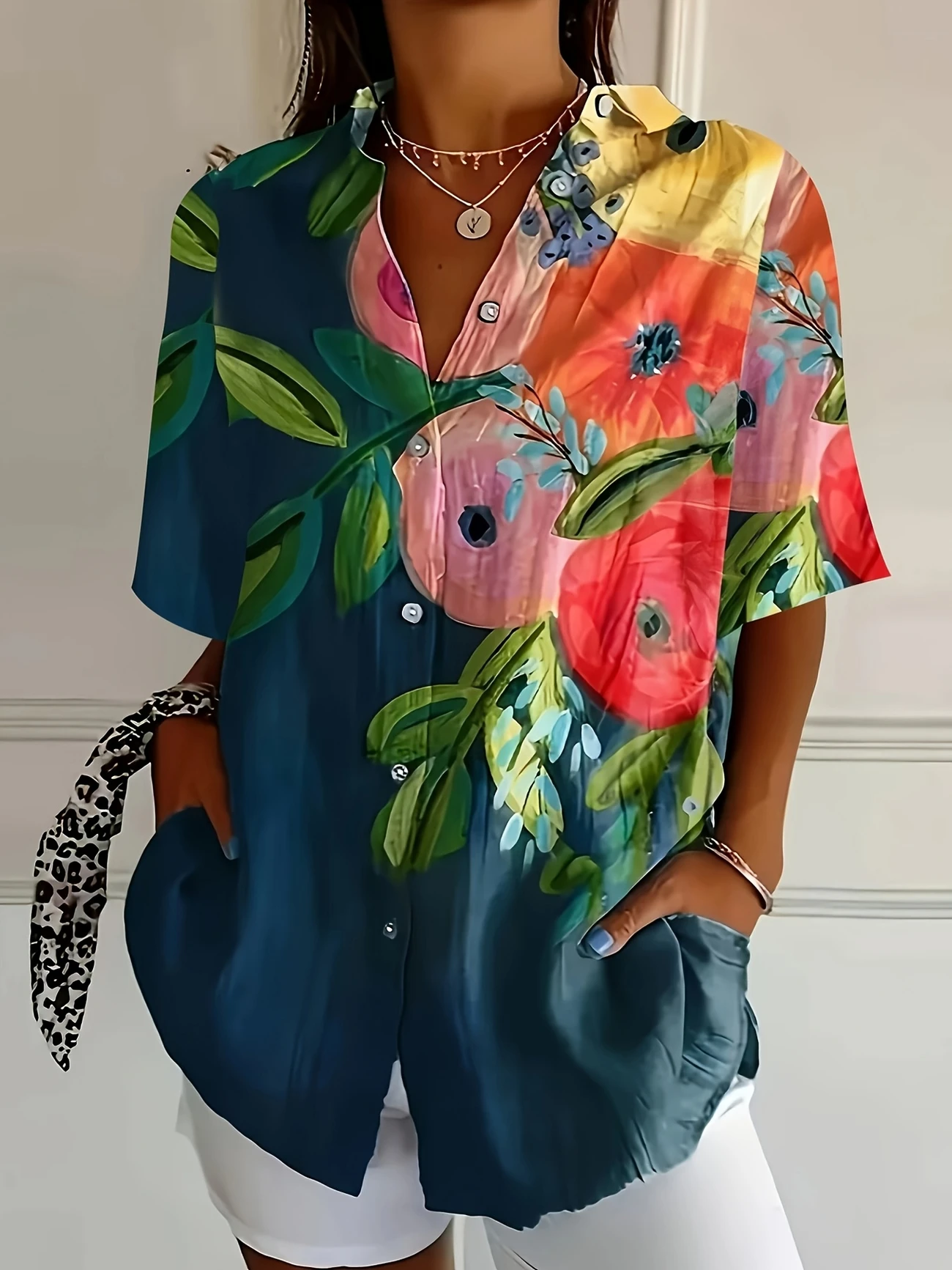 Damen Geblümt Kurzarm Bluse Sommer Print Hemdkragen Täglich Lässig Oberteile