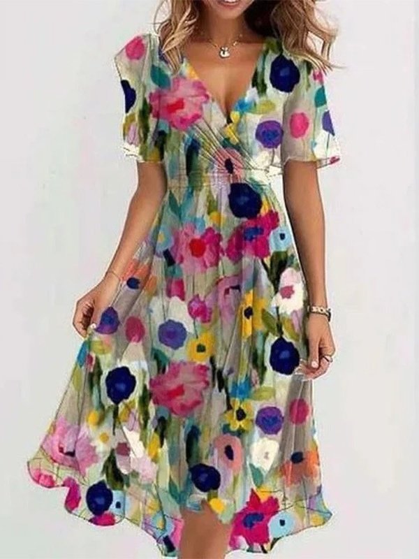 Damen Geblümt Kurzarm Sommer Print Kleid V-Ausschnitt Täglich Retro Maxikleid Rüschenrock A-Linien-Kleid